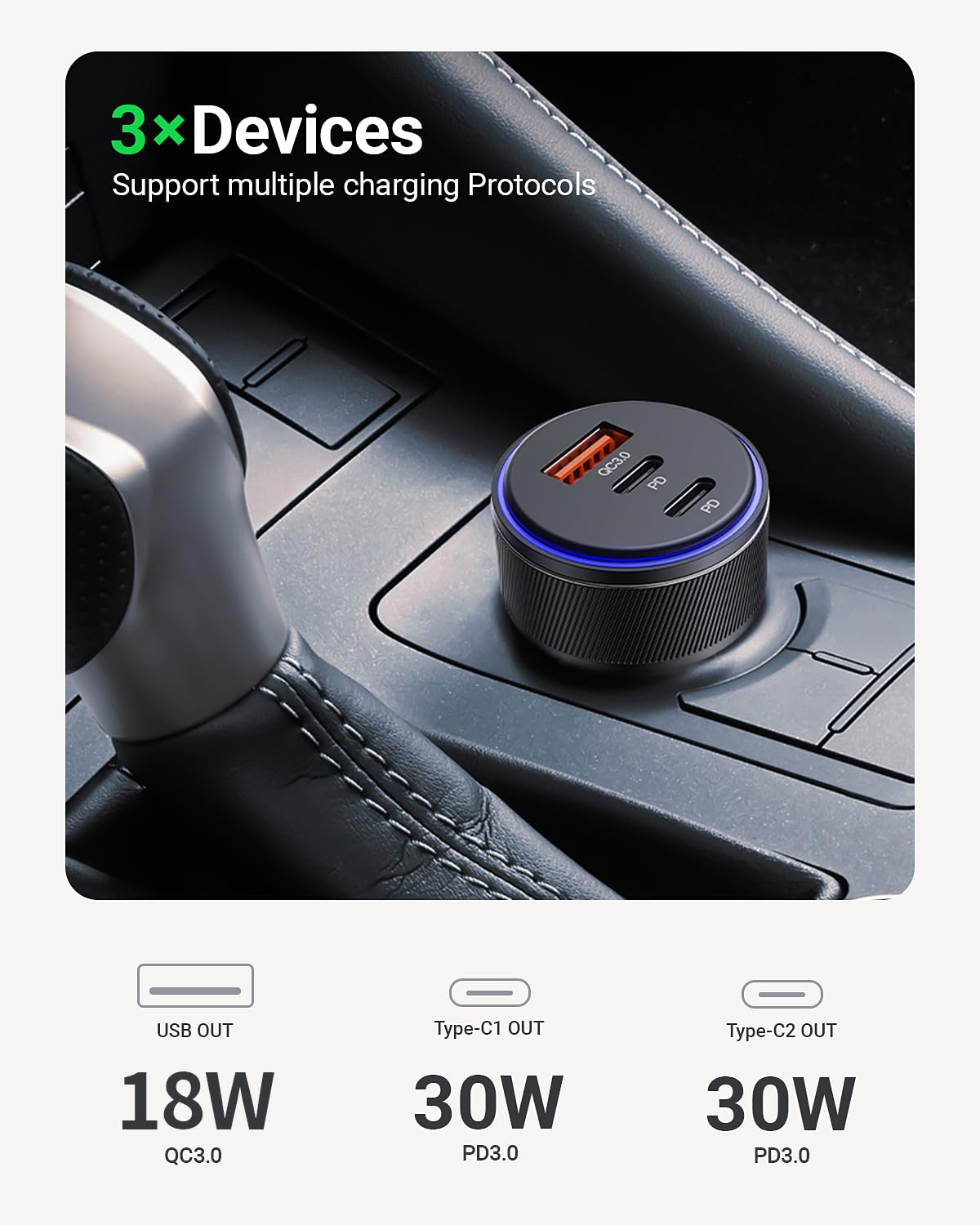 90W USB-C kaj USB-A Aŭtoŝargilo, 3-Porta Rapida Ŝargado, PD3.0 kaj QC3.0, Kongrua kun iPhone 16/15/14/13 Pro Max, iPad, MacBook, Samsung, Google Pixel, Pli