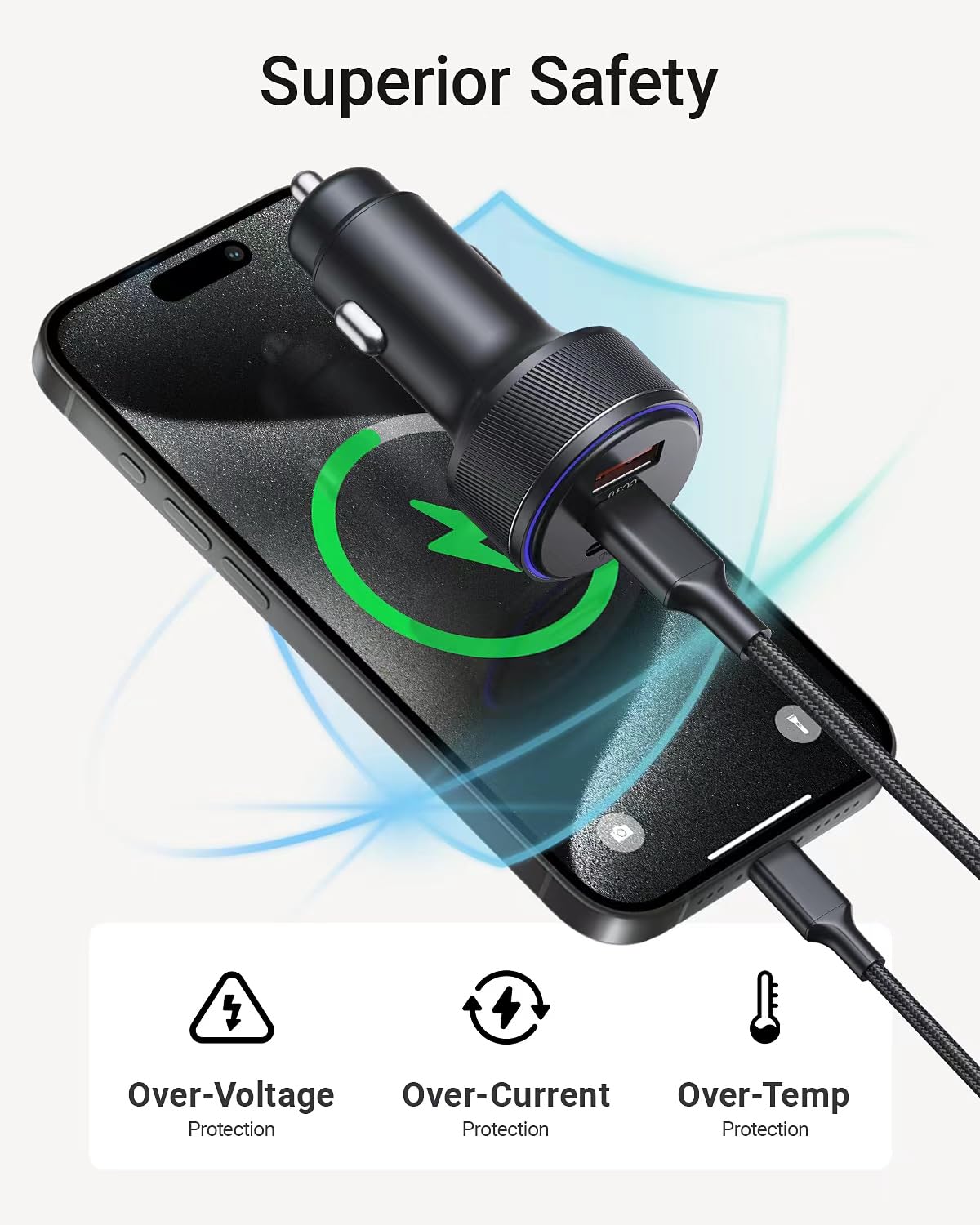 90W USB-C kaj USB-A Aŭtoŝargilo, 3-Porta Rapida Ŝargado, PD3.0 kaj QC3.0, Kongrua kun iPhone 16/15/14/13 Pro Max, iPad, MacBook, Samsung, Google Pixel, Pli